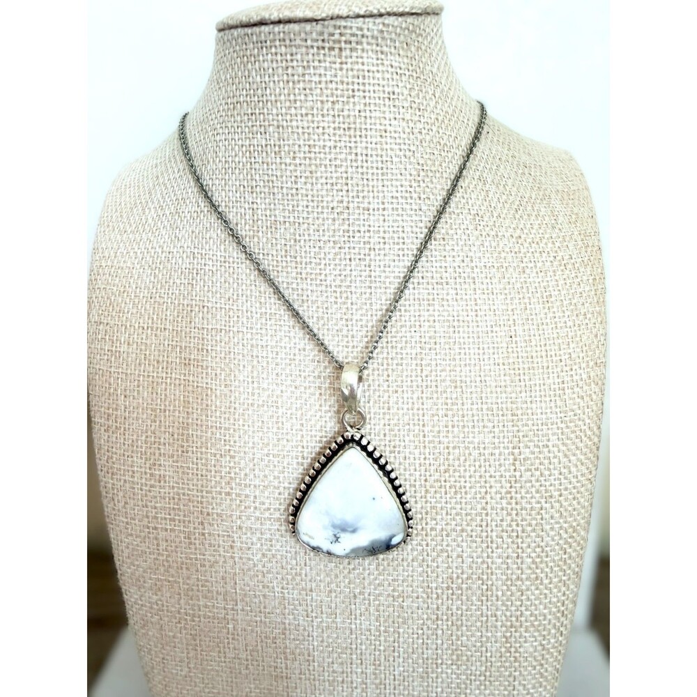 Dendritic Agate Pendant Necklace Large Teardrop Natural Stone Silver Tone